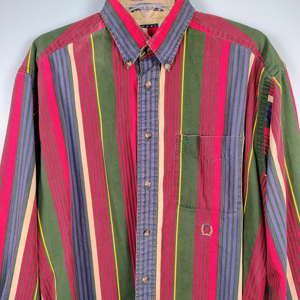 Tommy Hilfiger Mens M Striped Button Down Multicolor Cotton Preppy 90s Vintage